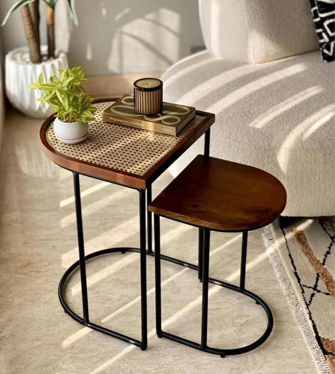 Vodrohome charcoal rattan cane side table with glass top – bohemian solid mango wood cane iron sofa side end table – wood and cane nesting table S#047