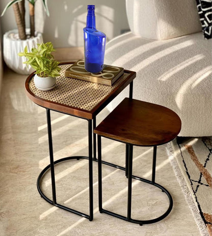 Vodrohome charcoal rattan cane side table with glass top – bohemian solid mango wood cane iron sofa side end table – wood and cane nesting table S#047