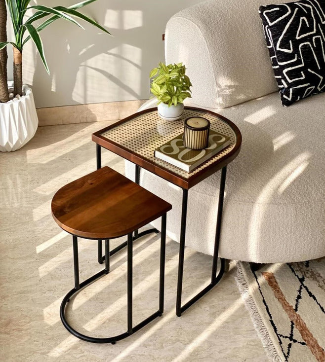 Vodrohome charcoal rattan cane side table with glass top – bohemian solid mango wood cane iron sofa side end table – wood and cane nesting table S#047