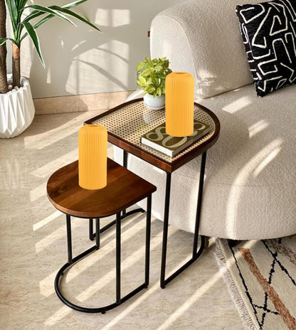 Vodrohome charcoal rattan cane side table with glass top – bohemian solid mango wood cane iron sofa side end table – wood and cane nesting table S#047