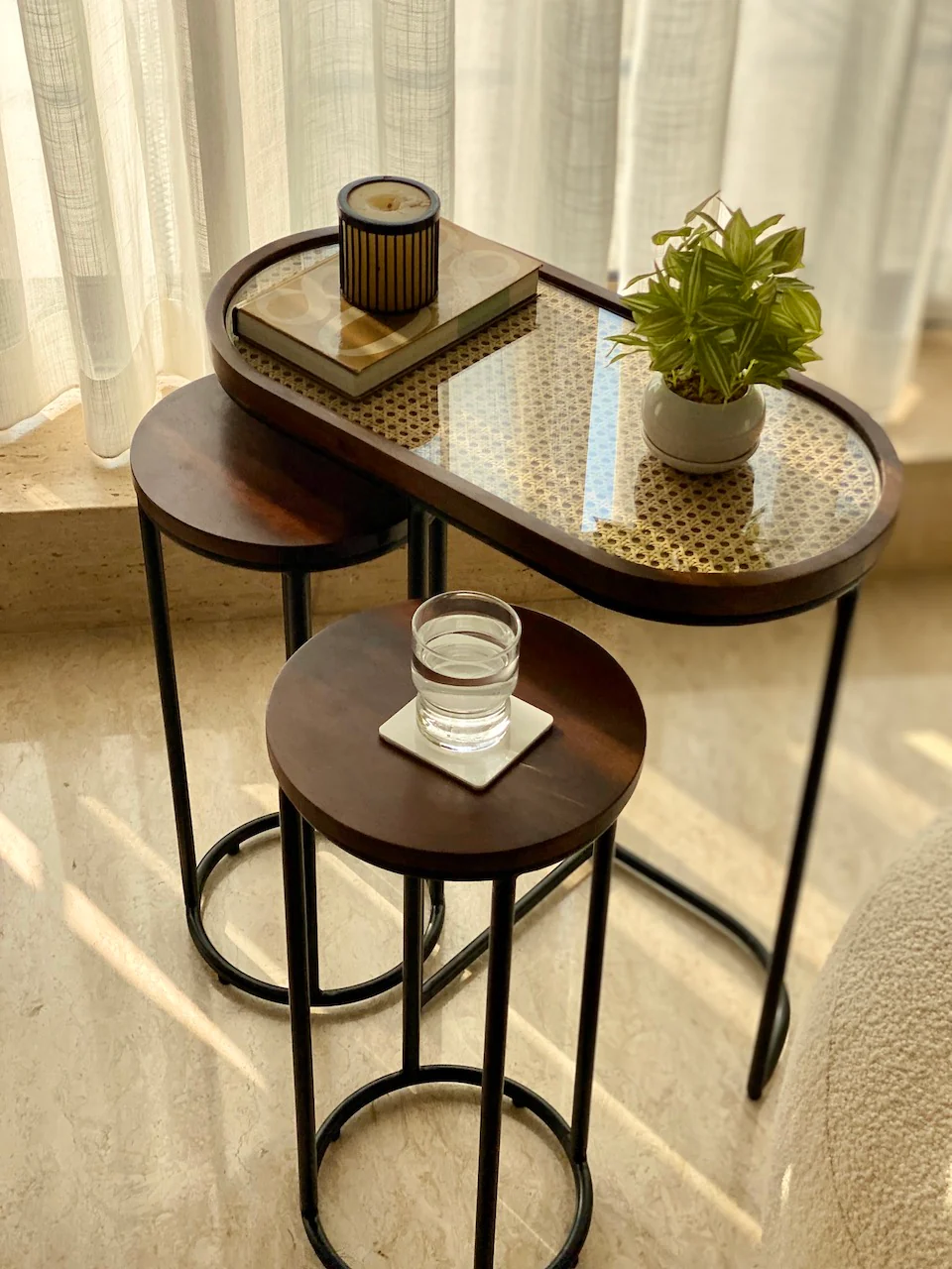 Vodrohome charcoal rattan cane side table with glass top – end table - set of three side table  – wood and cane nesting table S#048