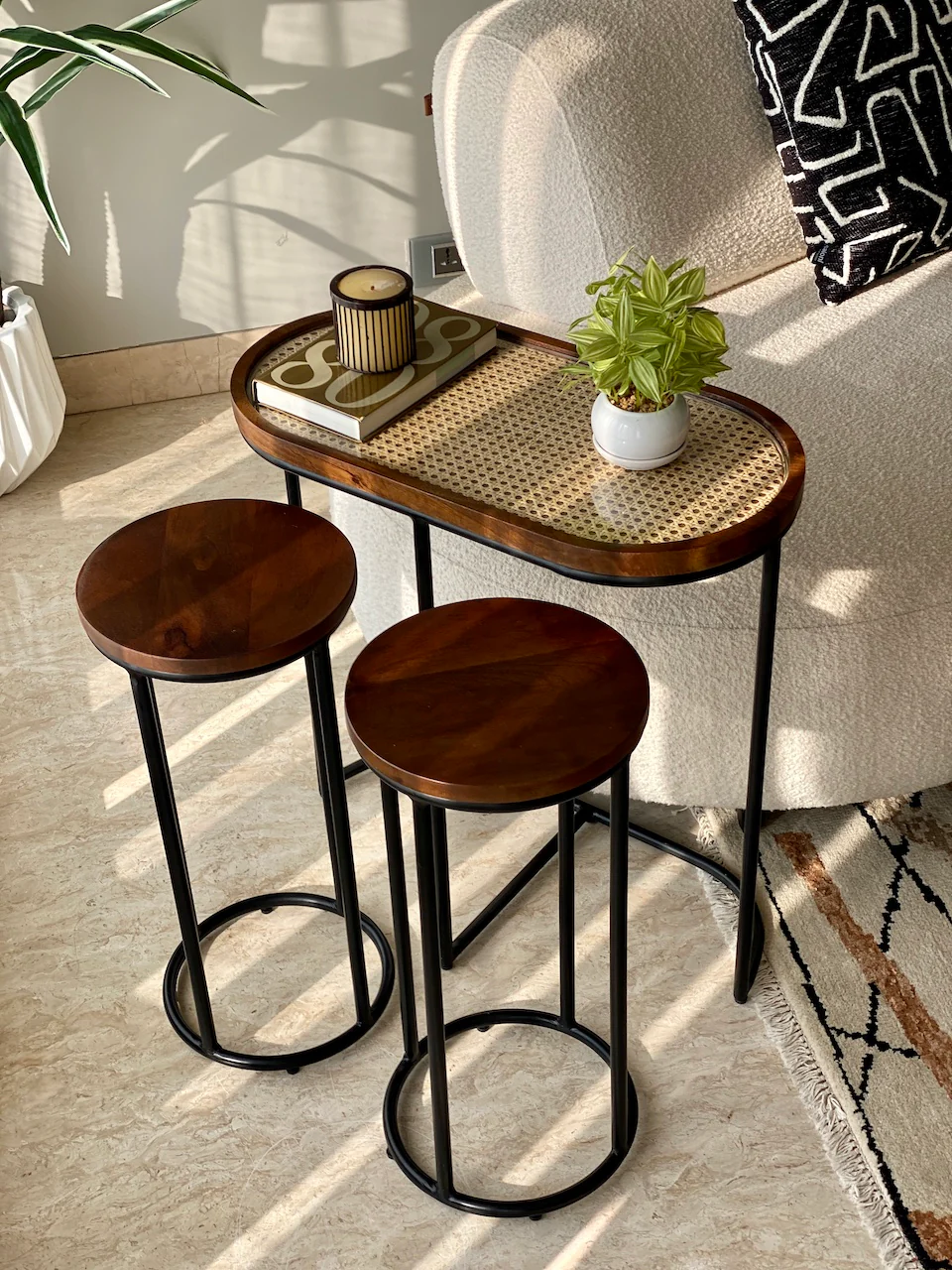 Vodrohome charcoal rattan cane side table with glass top – end table - set of three side table  – wood and cane nesting table S#048