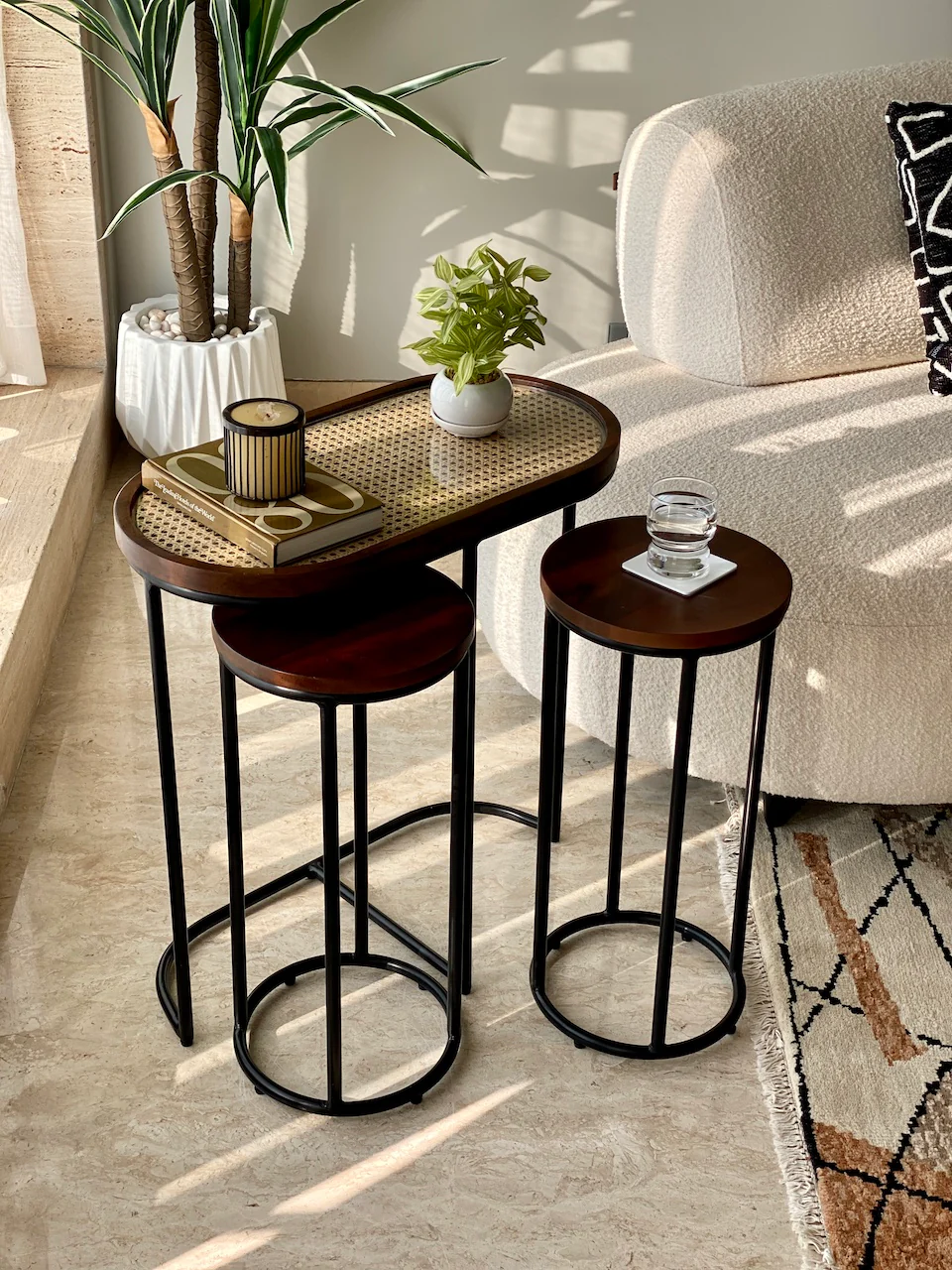 Vodrohome charcoal rattan cane side table with glass top – end table - set of three side table  – wood and cane nesting table S#048