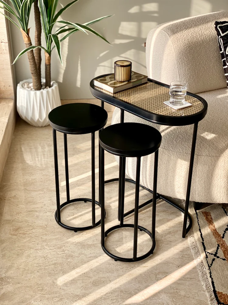 Vodrohome charcoal rattan cane side table with glass top – end table - set of three side table  – wood and cane nesting table S#048