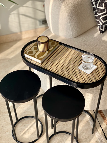 Vodrohome charcoal rattan cane side table with glass top – end table - set of three side table  – wood and cane nesting table S#048