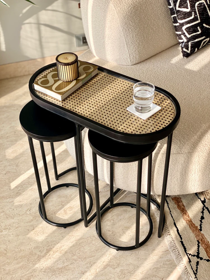 Vodrohome charcoal rattan cane side table with glass top – end table - set of three side table  – wood and cane nesting table S#048