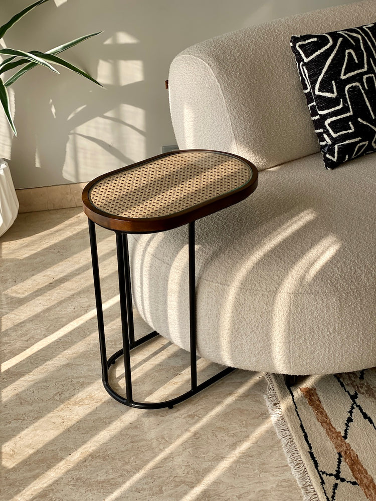 Vodrohome rattan cane side table with glass top – bohemian solid mango wood cane iron sofa side end table – cane end table for living S#049