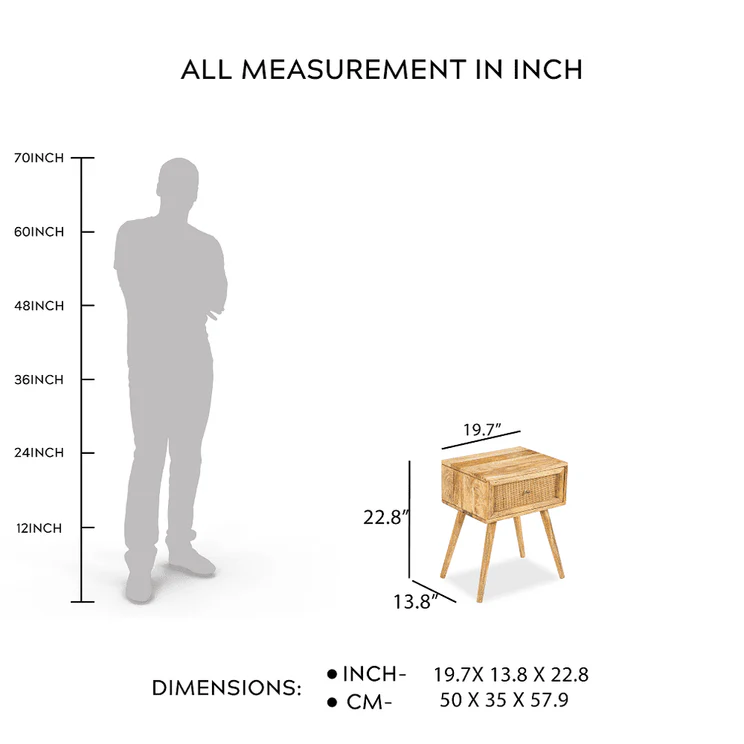 Vodrohome rattan cane side table with drawers – bohemian solid mango wood cane iron sofa side end table – cane end table for living S#051