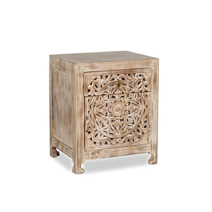 Vodrohome mango wood bedside table with one door and one drawer with distress finish – carved bedside with drawer 50x40x60cm S#053