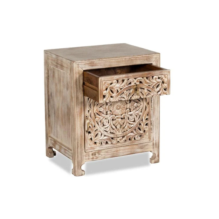 Vodrohome mango wood bedside table with one door and one drawer with distress finish – carved bedside with drawer 50x40x60cm S#053