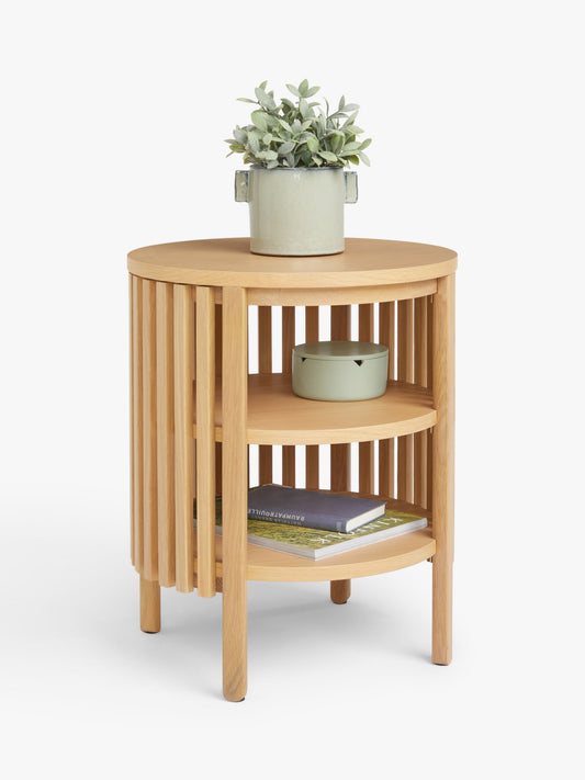 Vodrohome solid wood slatted side table with natural deco –bedsite with open shelf round end table  45x45x55 cm S#054