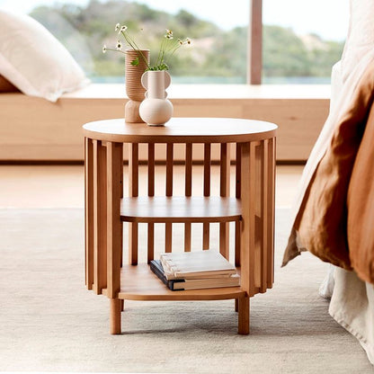 Vodrohome solid wood slatted side table with natural –bedsite with open shelf round end table  48x35x50 cm S#055