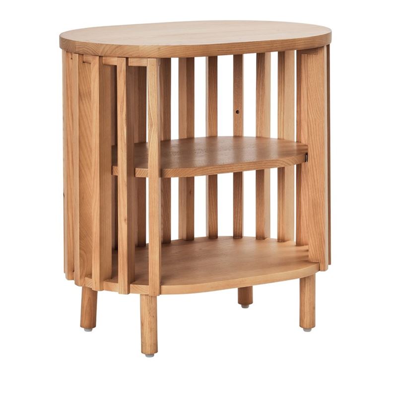 Vodrohome solid wood slatted side table with natural –bedsite with open shelf round end table  48x35x50 cm S#055