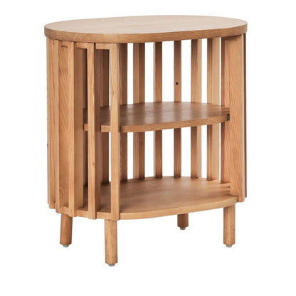 Vodrohome solid wood slatted side table with natural –bedsite with open shelf round end table  48x35x50 cm S#055