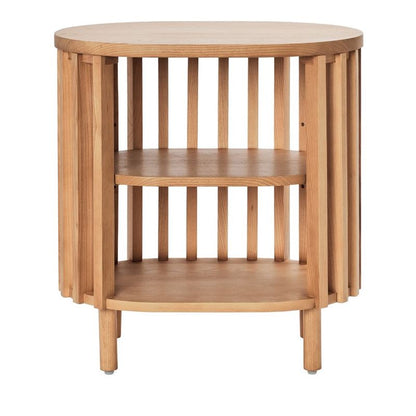 Vodrohome solid wood slatted side table with natural –bedsite with open shelf round end table  48x35x50 cm S#055