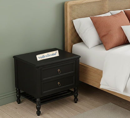 Vodrohome solid sheesham wood nightstand table with two drawers and a shelf - olympus bedside table in matt black 65x48x70 Cm  S#015