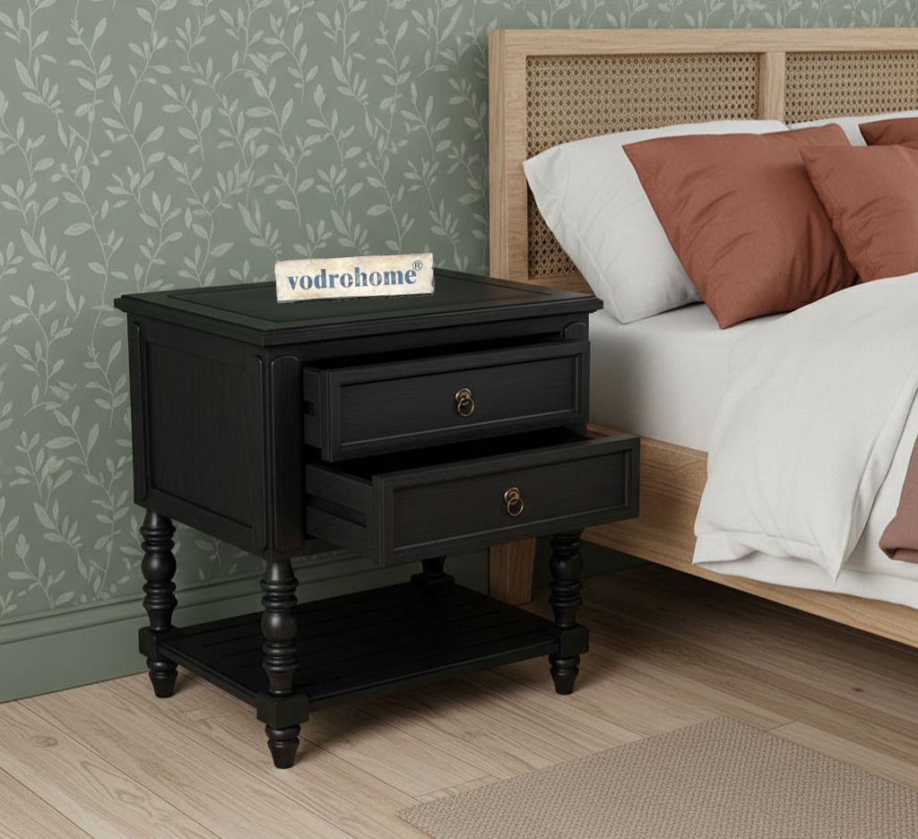 Vodrohome solid sheesham wood nightstand table with two drawers and a shelf - olympus bedside table in matt black 65x48x70 Cm  S#015