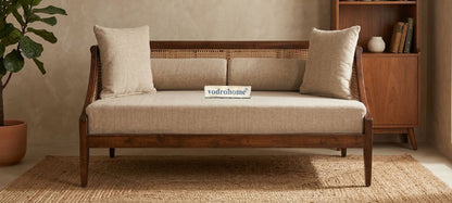 vodrohome three seater rattan cane sofa with wooden frame teak finish| fabric lounge sofa | cotton linen sofa SO#006