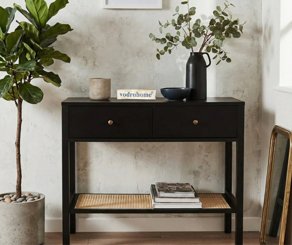 vodrohome 2 Drawer cane consol accent table with open shelf for hallway - rattan console tables for entryway CO#007