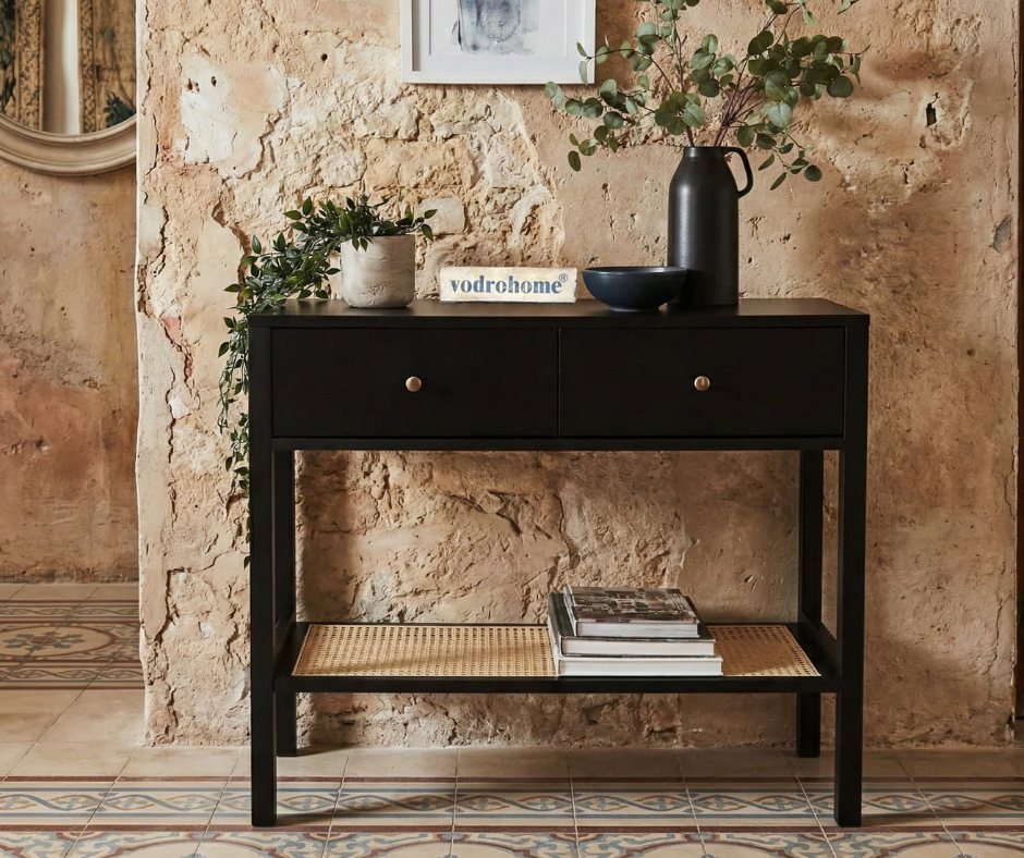 vodrohome 2 Drawer cane consol accent table with open shelf for hallway - rattan console tables for entryway CO#007