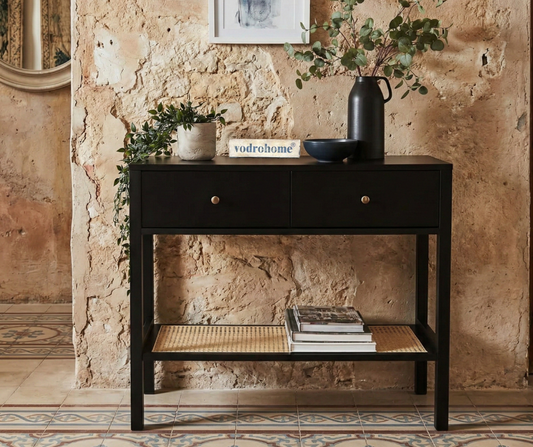 vodrohome 2 Drawer cane consol accent table with open shelf for hallway - rattan console tables for entryway CO#007