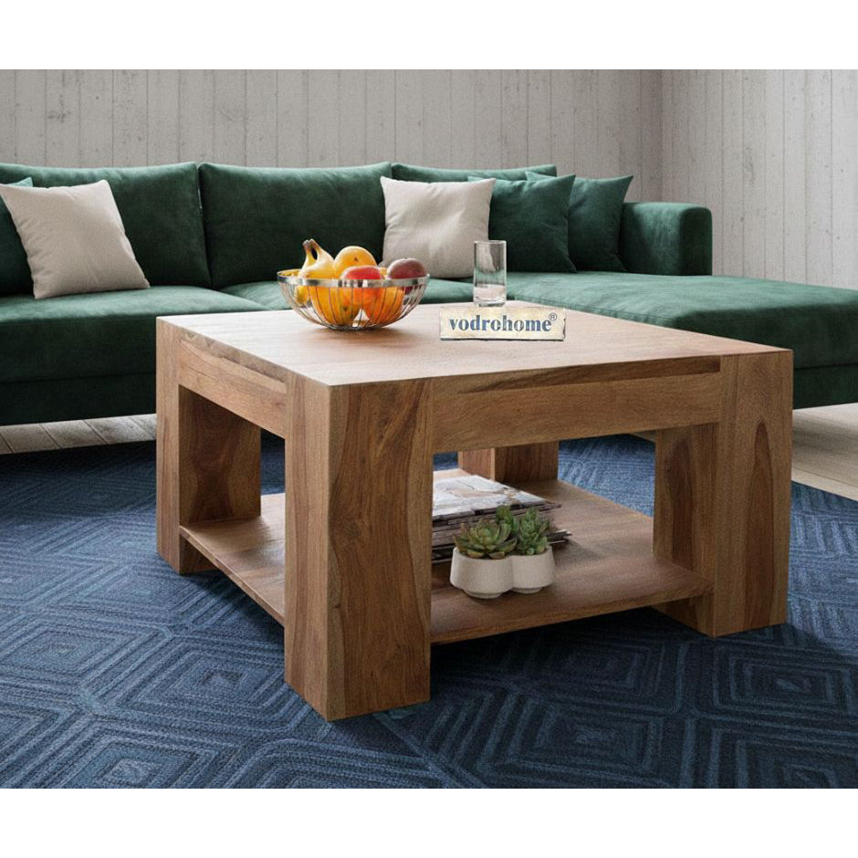 vodrohome Sheesham Wood Square Coffee Table With Storage Shelf For Living Room Natural Finish – Tea Table In Contemprory Style For Confrence Room C#010