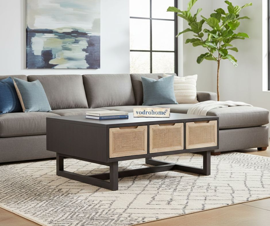 vodrohome Rattan Coffee Table – cane center table with three drawers for storage – solid Sheesham wood coffee table for office and living room C#021