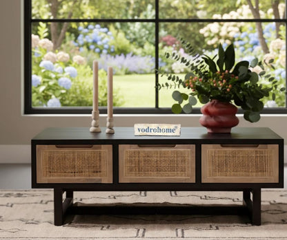 vodrohome Rattan Coffee Table – cane center table with three drawers for storage – solid Sheesham wood coffee table for office and living room C#021