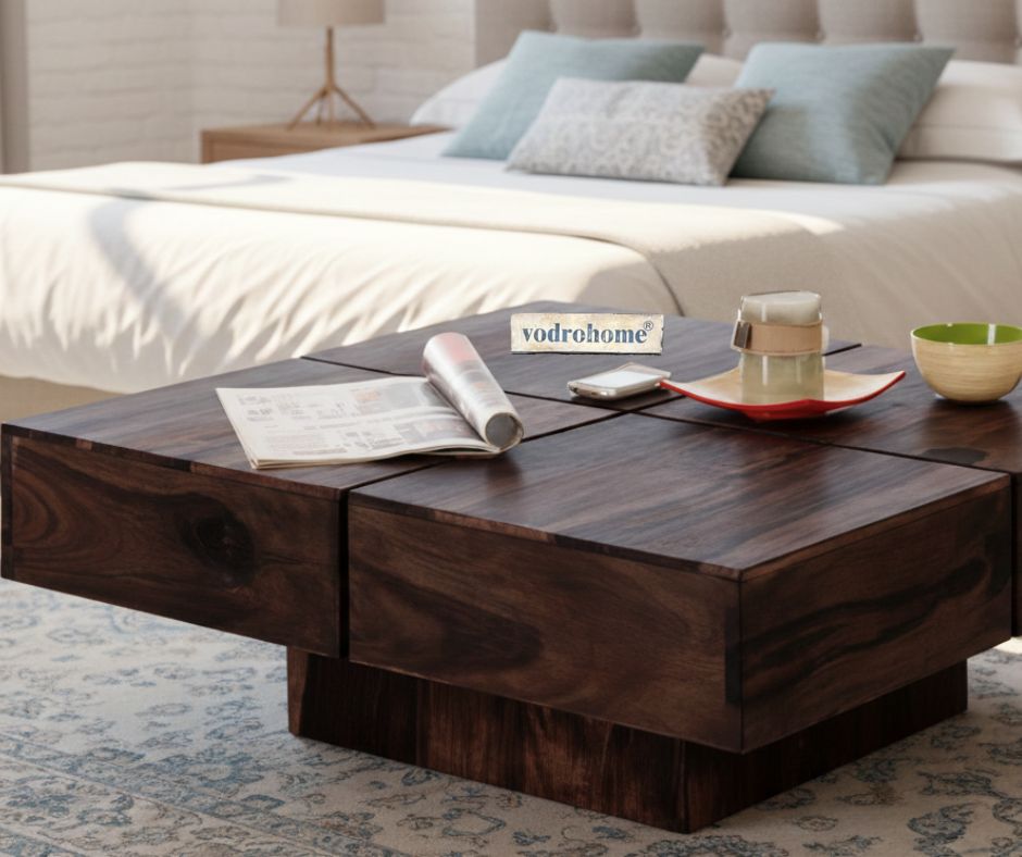 vodrohome Sheesham Wood Square Coffee Table for Living Room Teak Finish – Pedestal Tea table Hall Teapoy Sofa Matching Centre Table Stylish C#008