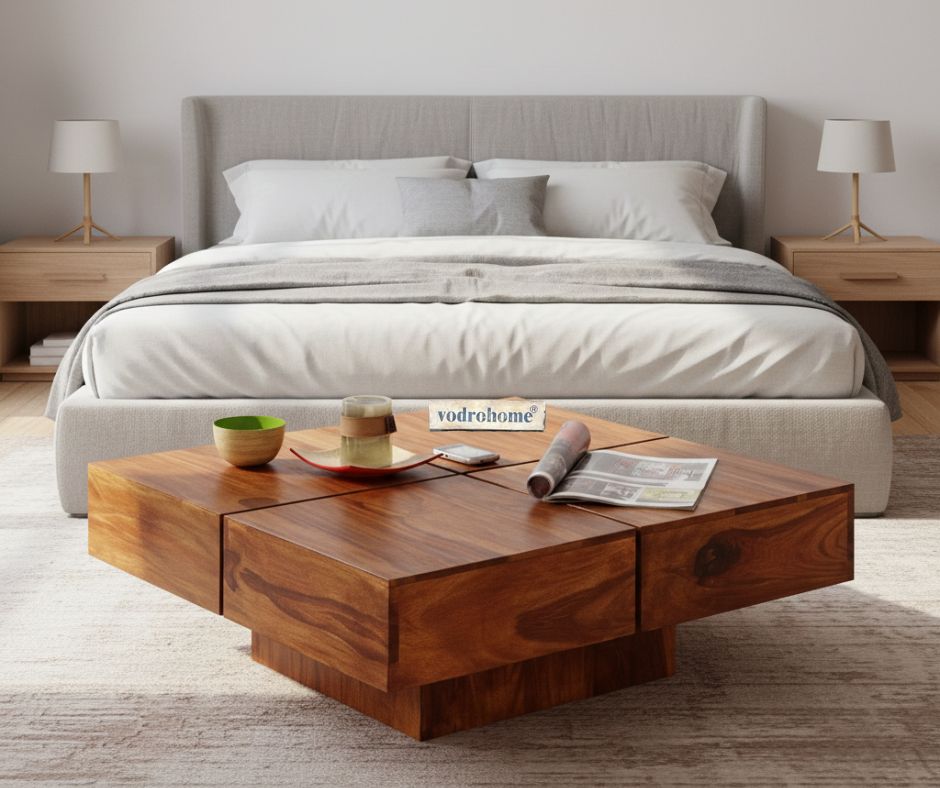 vodrohome Sheesham Wood Square Coffee Table for Living Room Teak Finish – Pedestal Tea table Hall Teapoy Sofa Matching Centre Table Stylish C#008