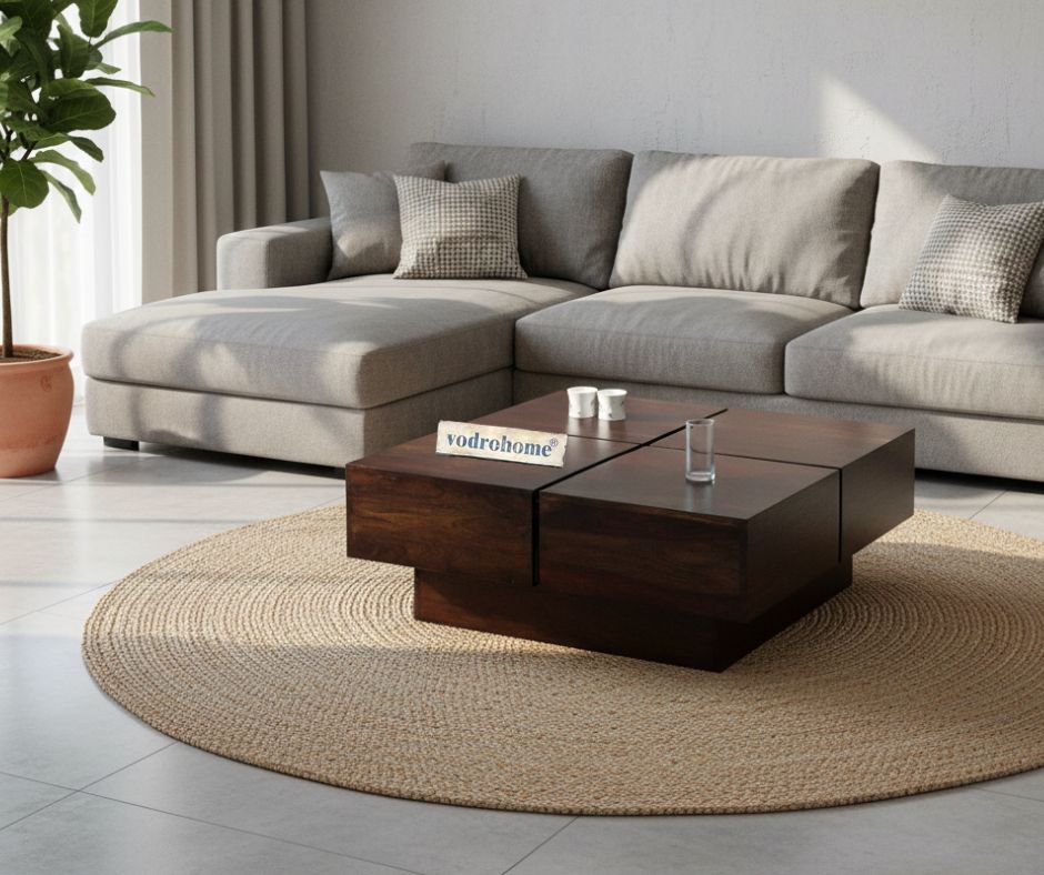 vodrohome Sheesham Wood Square Coffee Table for Living Room Teak Finish – Pedestal Tea table Hall Teapoy Sofa Matching Centre Table Stylish C#008
