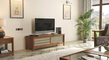 Vodrohome tv unit cabinet with sliding door compartment walnut – solid mango wood tvc – tv consol table in modern style cm TV#020 - vodrohome