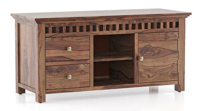 Vodrohome tv unit cabinet with slatted door compartment walnut – solid sheesham wood tvc – tv consol table with set up box shelf 113 x 45 x 53 cm  TV#021 - vodrohome