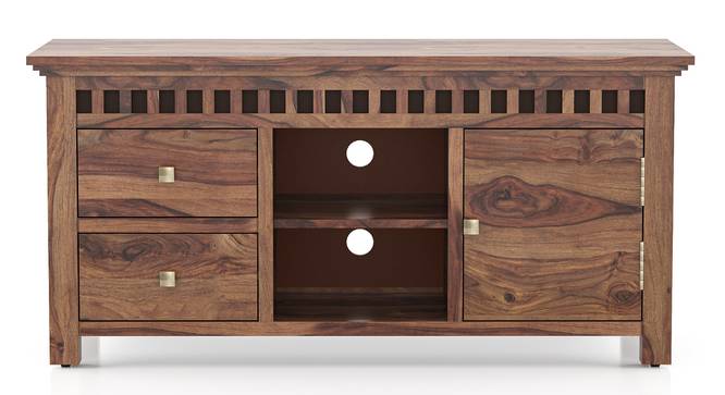 Vodrohome tv unit cabinet with slatted door compartment walnut – solid sheesham wood tvc – tv consol table with set up box shelf 113 x 45 x 53 cm  TV#021 - vodrohome