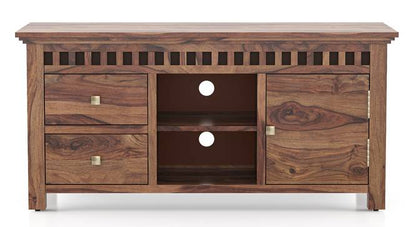 Vodrohome tv unit cabinet with slatted door compartment walnut – solid sheesham wood tvc – tv consol table with set up box shelf 113 x 45 x 53 cm  TV#021 - vodrohome