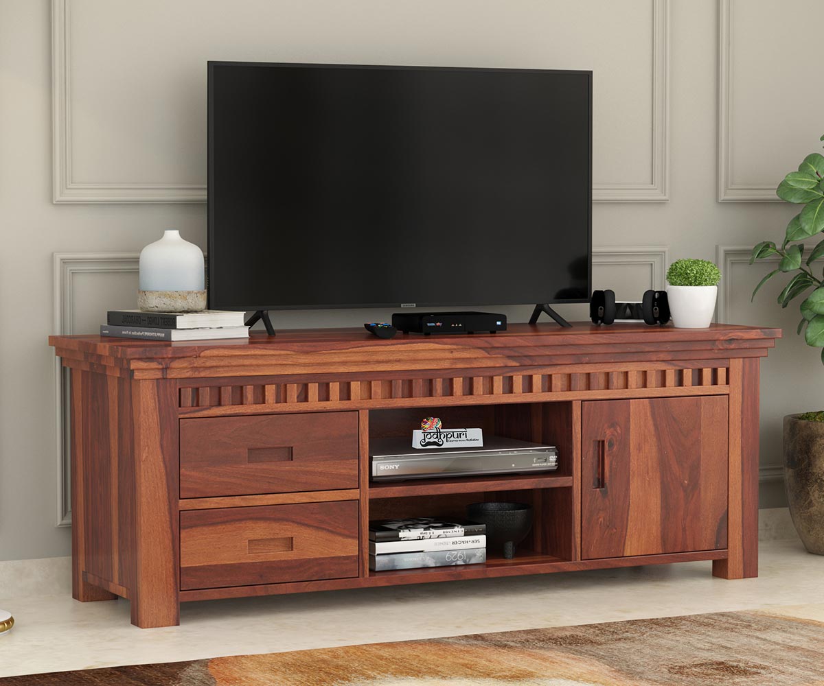 Vodrohome jodhpur tv unit cabinet with slatted door compartment– solid sheesham wood tvc – tv consol table with set up box shelf 147 x 45 x 53 cm  TV#022 - vodrohome