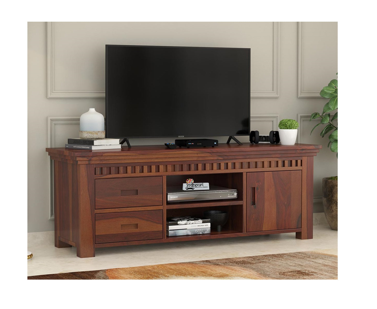 Vodrohome jodhpur tv unit cabinet with slatted door compartment– solid sheesham wood tvc – tv consol table with set up box shelf 147 x 45 x 53 cm  TV#022 - vodrohome