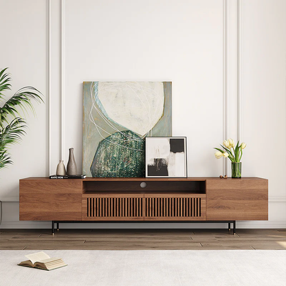 Vodrohome modern tv unit cabinet with 7 compartments – solid acacia wood tvc in walnut finish – tv consol table with set up box shelf  TV#007 - vodrohome