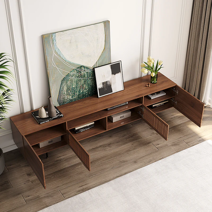 Vodrohome modern tv unit cabinet with 7 compartments – solid acacia wood tvc in walnut finish – tv consol table with set up box shelf  TV#007 - vodrohome