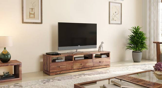 Vodrohome tv unit cabinet with 3 drawers – solid sheesham wood entertainment unit - tv consol table with open set up box shelf 175 x 41 x 43 cm  TV#018 - vodrohome