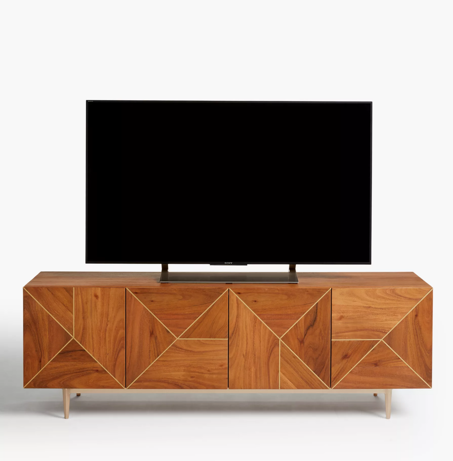 Vodrohome luxury tv unit cabinet with geometrical design– solid  Acacia wood tvc with iron base – tv consol table with set up box shelf  TV#031