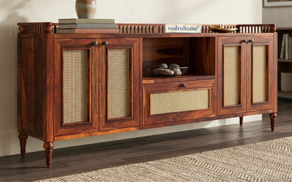 vodrohome jaipur style tv unit cabinet with slatted door multi compartments– solid sheesham wood tvc honey finish – luxurious tv consol table with set up box shelf 147 x 45 x 53 cm  TV#023