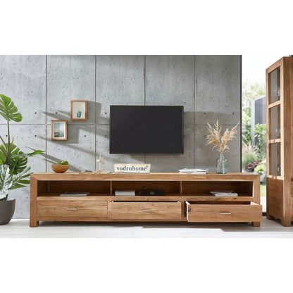 vodrohome tv unit cabinet with 3 drawers – solid sheesham wood entertainment unit - tv consol table with open set up box shelf 175 x 41 x 43 cm  TV#024