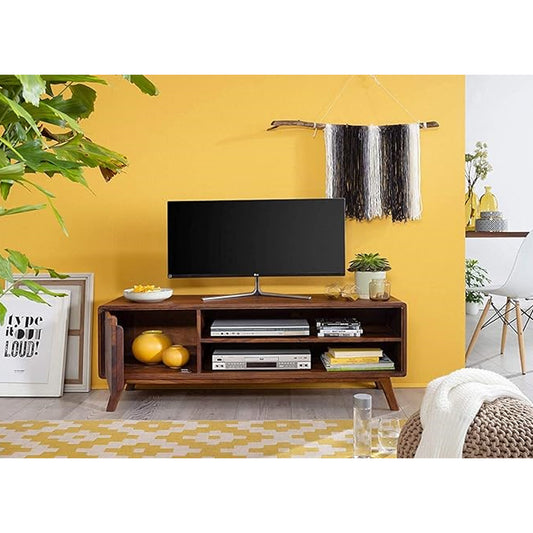 Vodrohome modern tv unit with cabinet and set up box shelf – solid sheesham wood tvc in honey finish 134x45x55 cm TV#004 - vodrohome