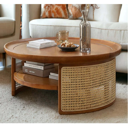 Vodrohome Rattan Coffee Table – cane center table with shelf for storage – bohemian solid mango wood coffee table for office and living room C#042 - vodrohome