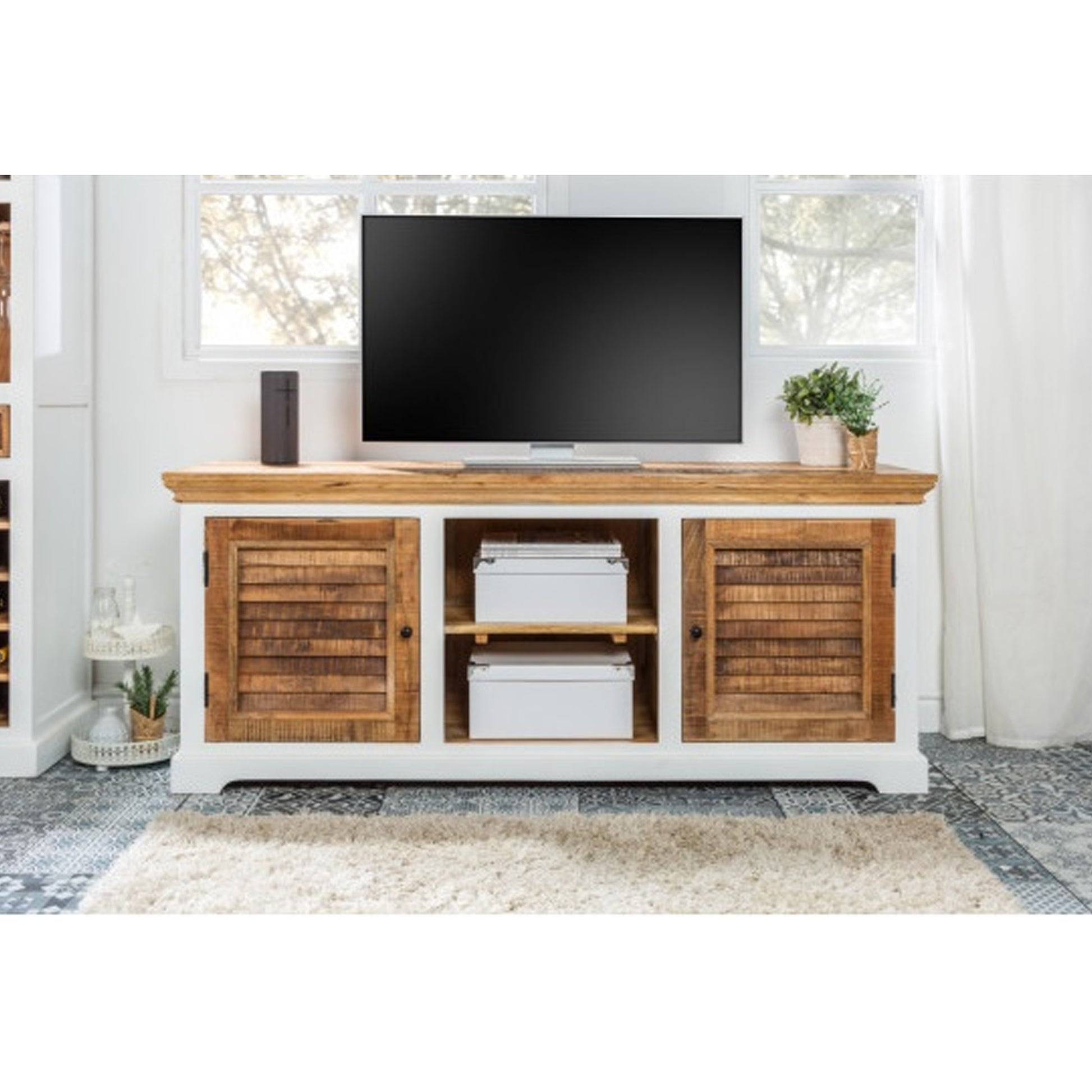 Vodrohome white wave solid wood TV cabinet two door storage unit| entertainment unit table with set up box shelf (Tv unit) 160x70x45 CM TV#017 - vodrohome