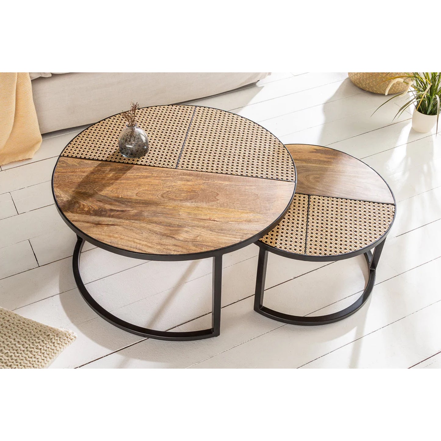 Vodrohome cane nesting coffee table - rattan round centre table with storage – set of 2 mango wood center table  C#048 - vodrohome