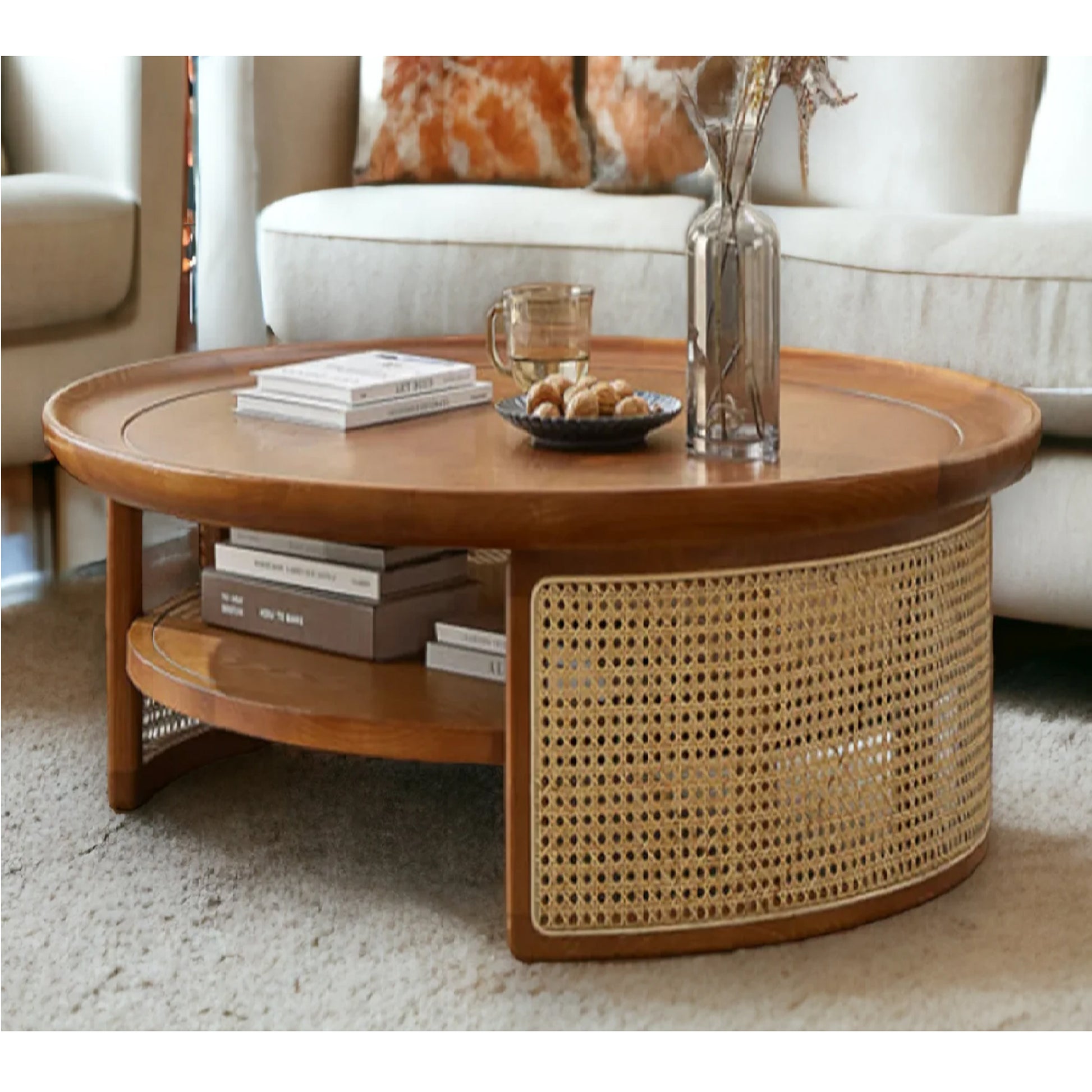 Vodrohome Rattan Coffee Table – cane center table with shelf for storage – bohemian solid mango wood coffee table for office and living room C#042 - vodrohome