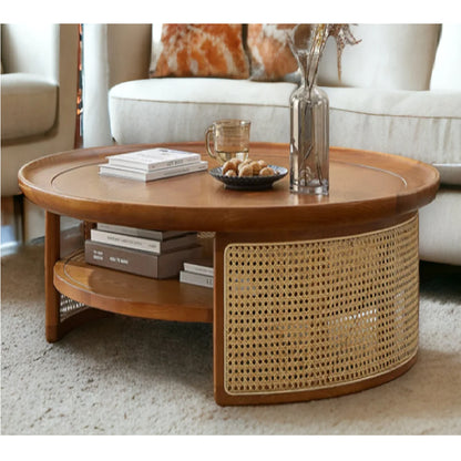 Vodrohome Rattan Coffee Table – cane center table with shelf for storage – bohemian solid mango wood coffee table for office and living room C#042 - vodrohome