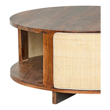 Vodrohome Cane Solid Wood Coffee Table - Rattan Round Centre Table with Storage - Pure Sheesham Wood, Teak Finish - Ideal Tea Table for Living Rooms C#028